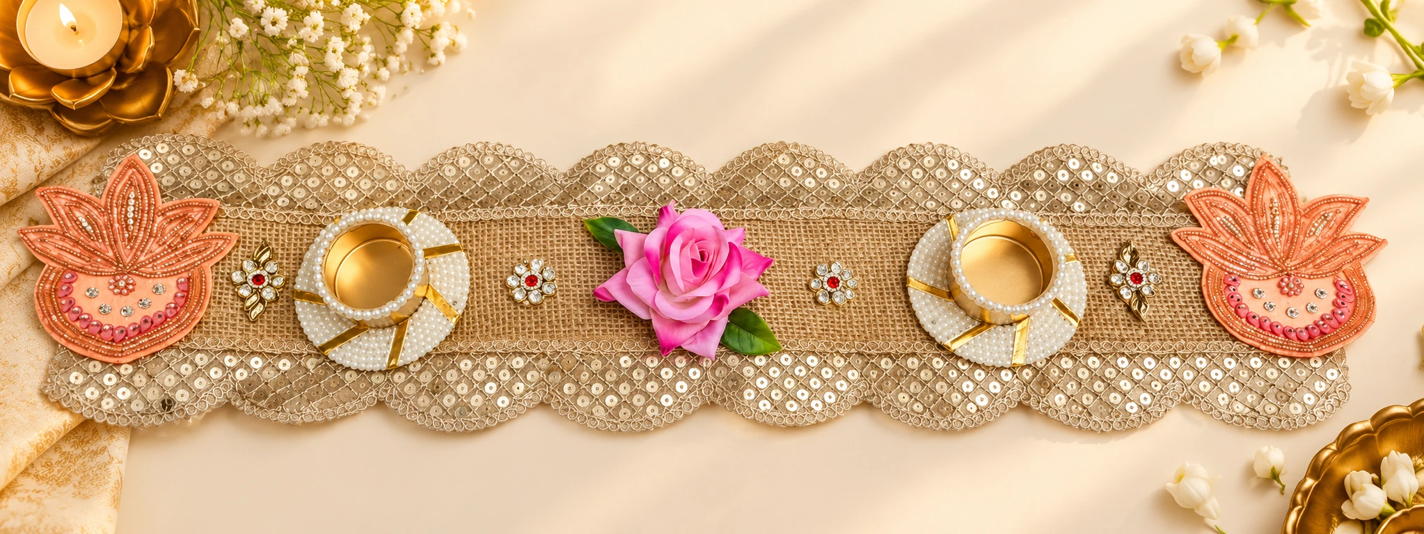 Handmade Decorative Table Runner with Tea Light Holders for Diwali Decor