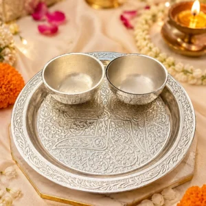 German Silver 7 inch plate with 2 bowls for traditional pooja and festive gifting