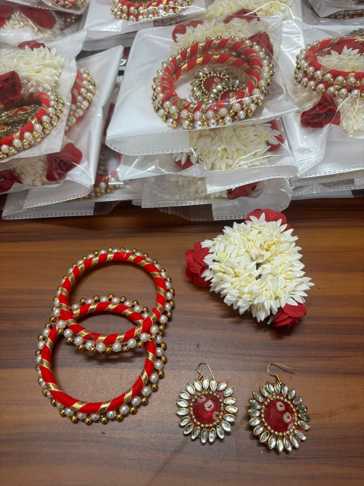 Designer Red Bangles with Floral Gajra and Matching Earrings Set