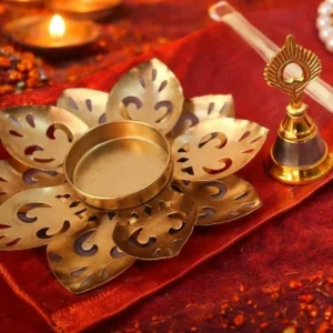 Designer Flower T-Light Holder with Decorative Bell in Potli Gift Set