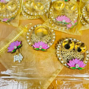 Designer Lotus T-Light Holder with Roli Chawal Platter in Potli for Diwali Gifting