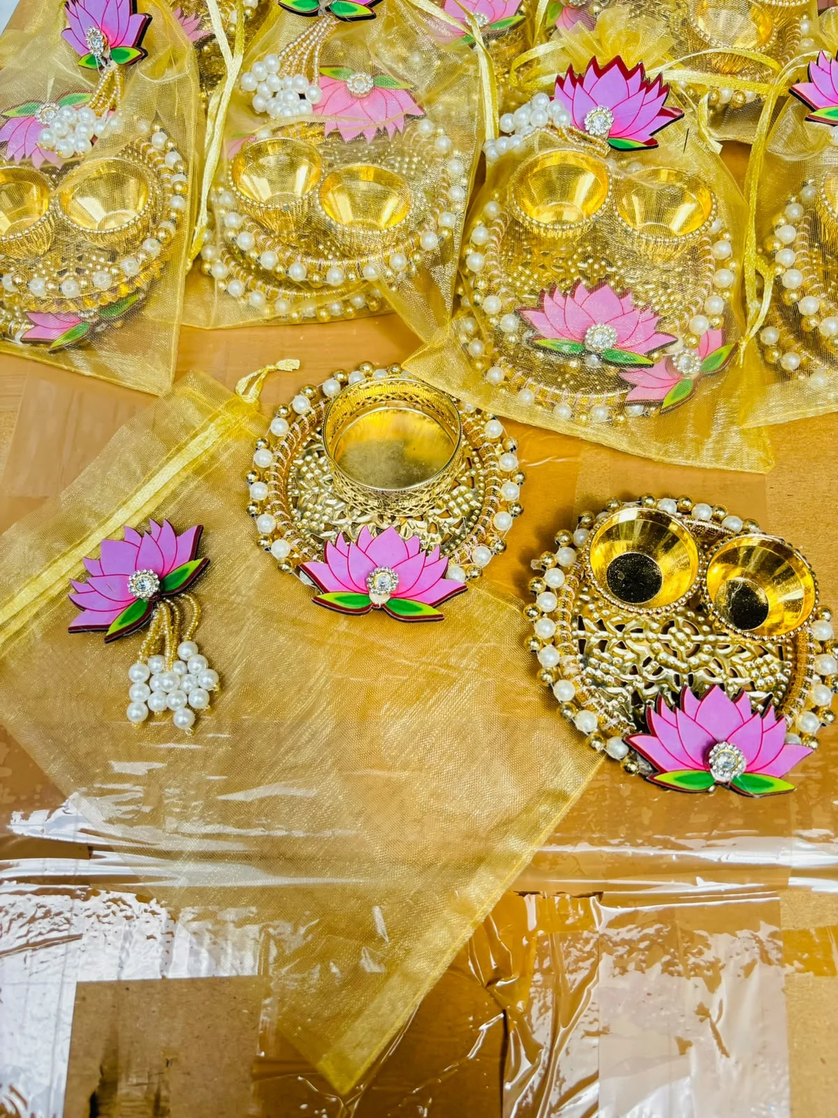 Designer Lotus T-Light Holder with Roli Chawal Platter in Potli for Diwali Gifting