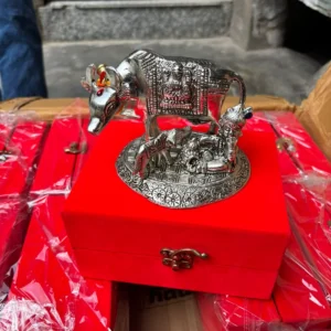 8 Inch German Silver Kamdhenu Cow with Krishna Ji Idol in Velvet Box