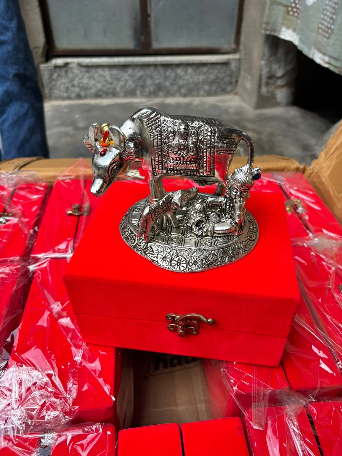 8 Inch German Silver Kamdhenu Cow with Krishna Ji Idol in Velvet Box