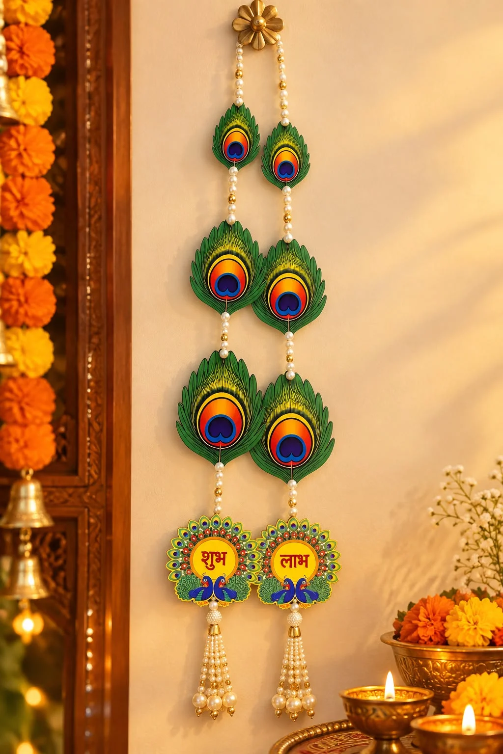 Premium Peacock Feather Shubh Labh Hanging Wall Decor for Diwali