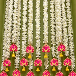 Designer Pink Lotus Flower Hanging with Golden Bells for Festive Home Decoration