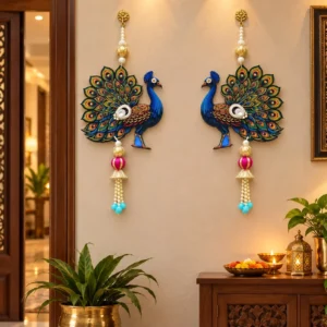 Designer Peacock Wall Hanging Pair with Pearl Tassels for Home Decoration
