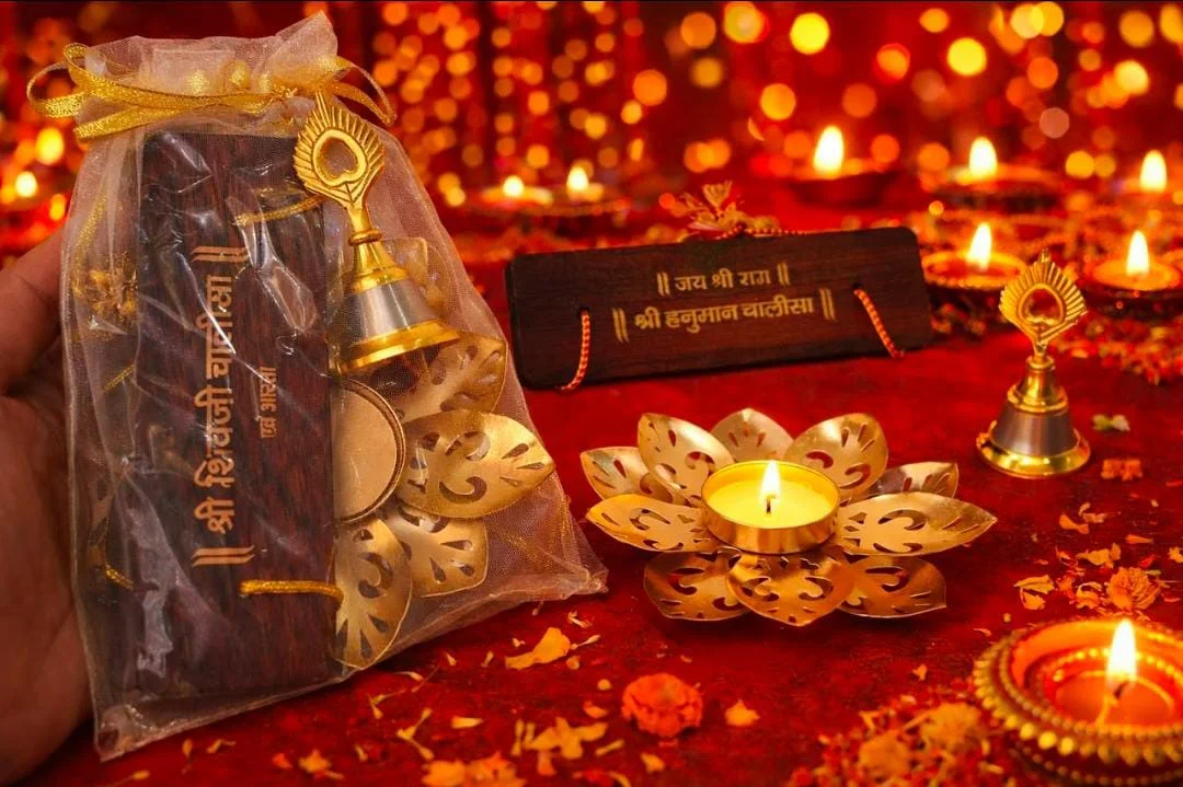 Designer Tealight Bell and Chalisa Potli Set Diwali Gift Hamper