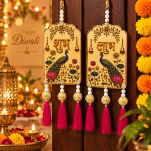 Shubh Labh Peacock Hanging Pair with Pearl Tassels for Door Decoration