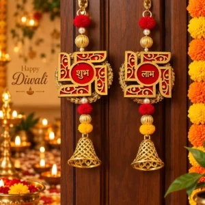 Swastik Shubh Labh Hanging Pair with Golden Bells for Diwali Door Decor