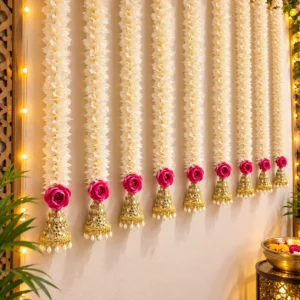 Designer Rose Flower Hanging with Golden Bell for Diwali Decor