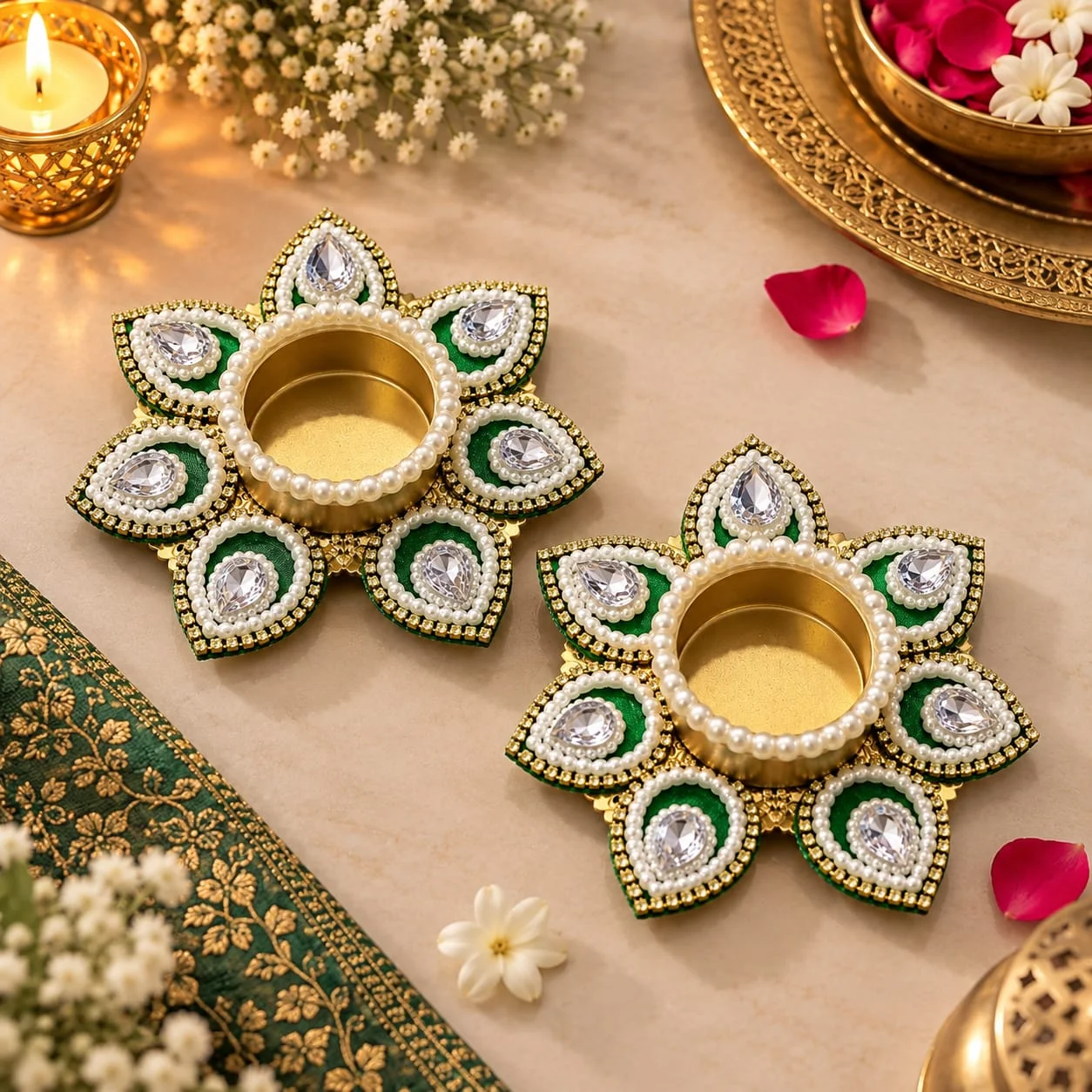 Flower tea light holder with stone work for Diwali decoration