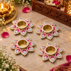 Decorative pink lotus tea light holder for pooja decoration