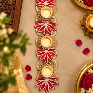 18 Inch Red and Gold Floral Table Runner with Diya Holder for Diwali Decoration