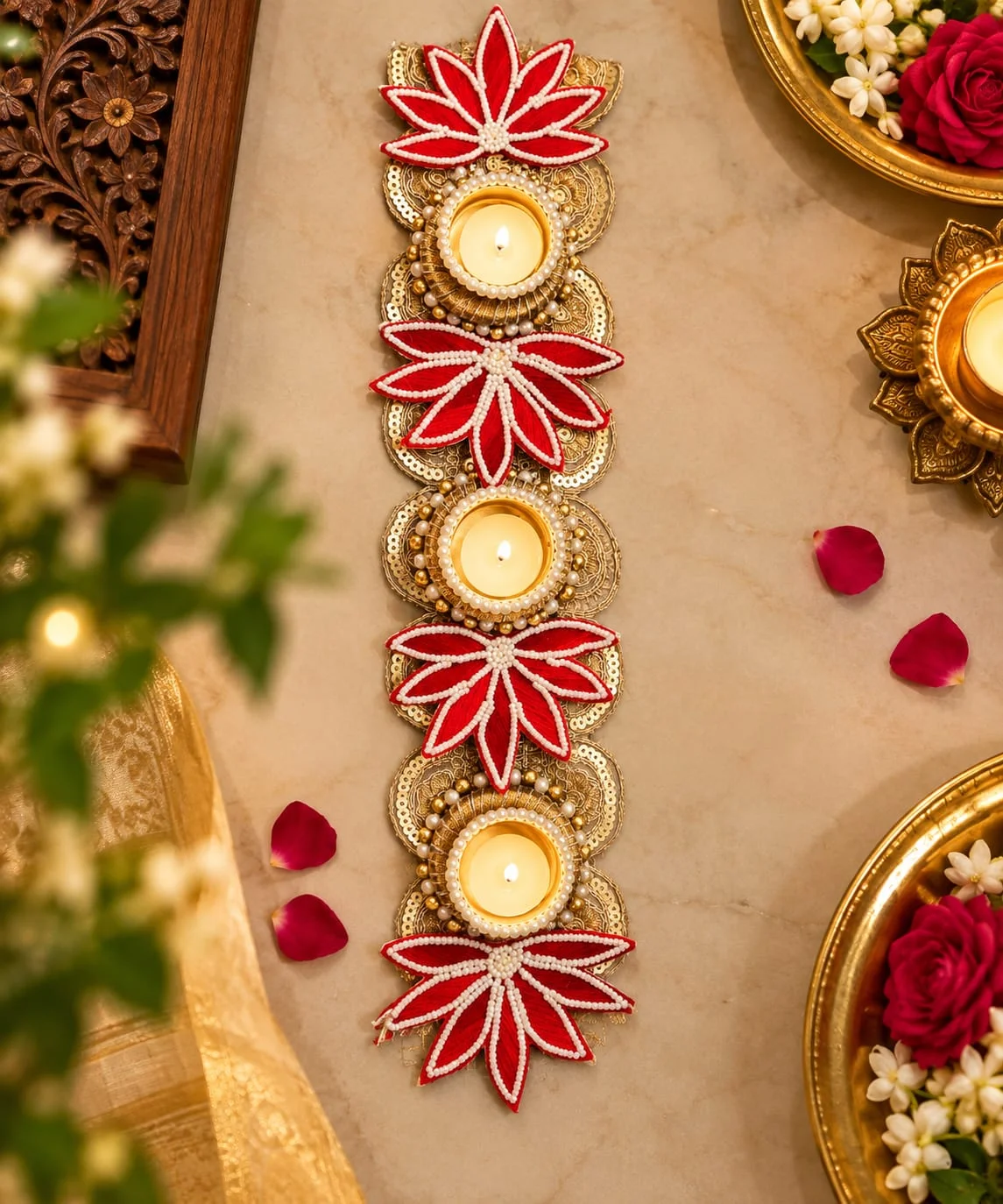18 Inch Red and Gold Floral Table Runner with Diya Holder for Diwali Decoration