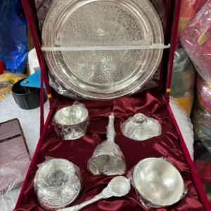 German Silver Pooja Thali Set with Diya and Puja Accessories