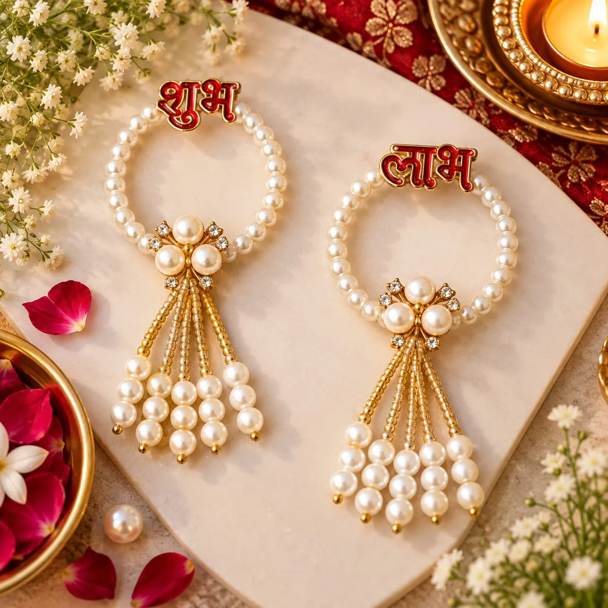 Shubh Labh Pearl Hanging Pair with Designer Pearl Tassels for Diwali Pooja Wall and Door Decoration