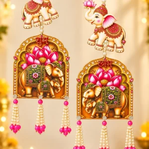 Traditional Royal Elephant Shubh Labh Hanging Pair for Diwali Main Door Decoration