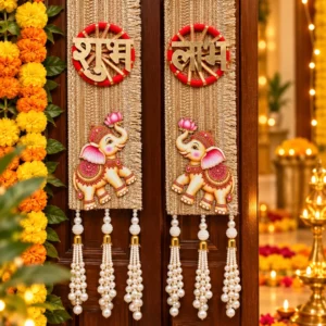 Elephant Design Shubh Labh Hanging Pair with Pearl Tassels for Main Door Decoration
