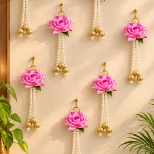 Decorative Pink Rose Hanging with Golden Beads for Festive Home Decoration