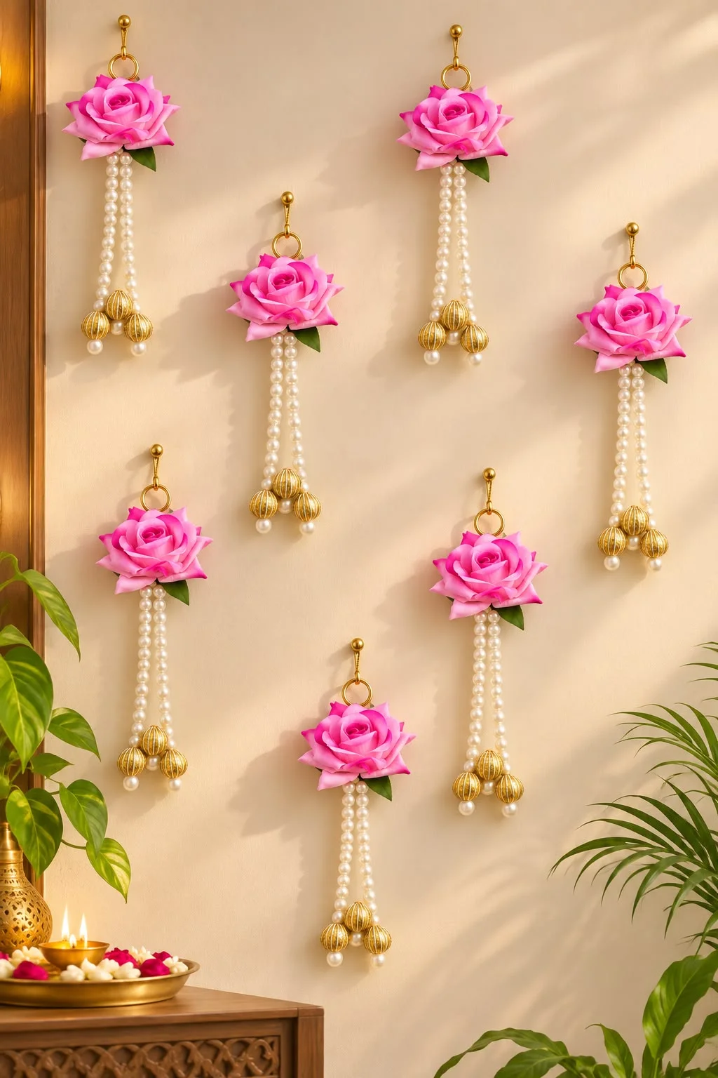 Decorative Pink Rose Hanging with Golden Beads for Festive Home Decoration
