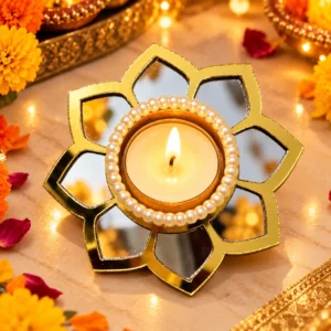 Designer Lotus Tea Light Holder with Pearl Border and Mirror Work