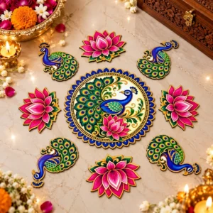 UV Printed Peacock and Lotus Rangoli for Diwali Decoration