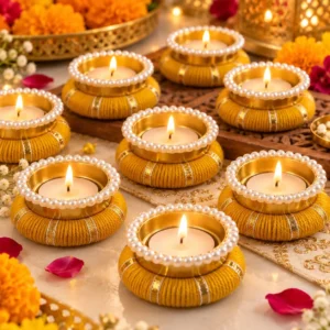 Designer Tea Light Holder with Pearl Work for Diwali Decoration