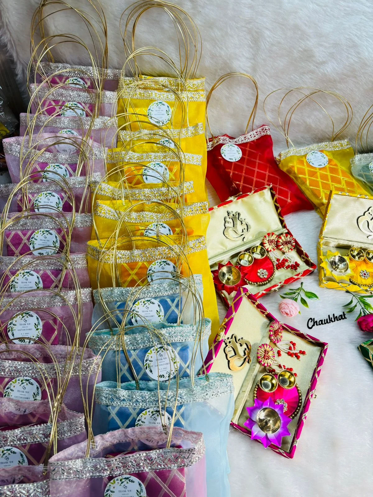 Decorative Shubh Labh pair with Diya and Roli Chawal packed in a festive gift box