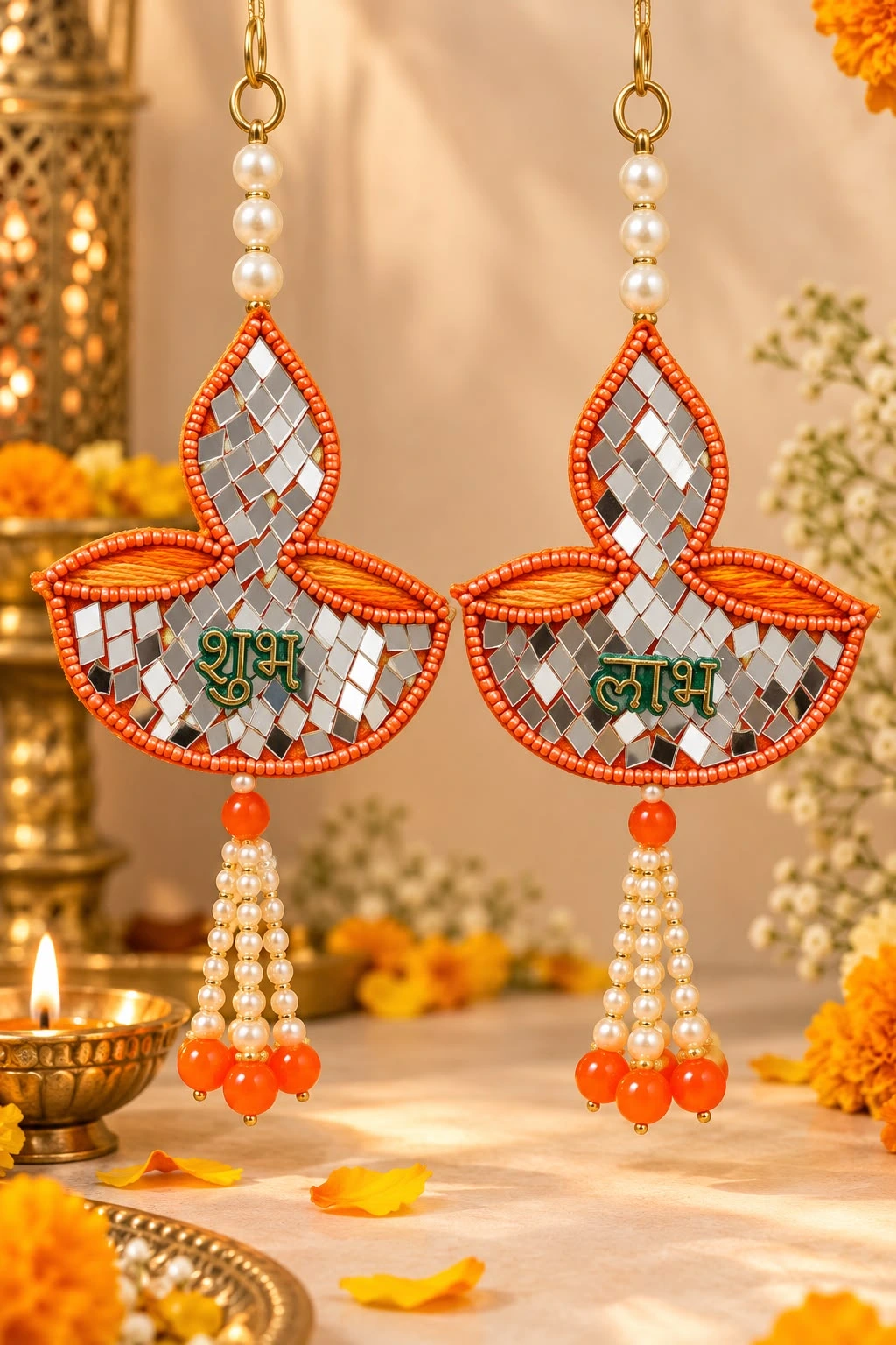 Decorative Shubh Labh Hanging Pair with Mirror Work for Diwali Decor
