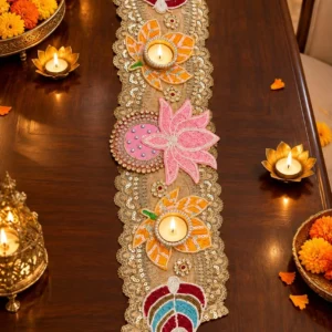 Handcrafted multicolored lotus design tealight holder table runner