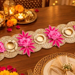 Decorative pink floral tea light holder table runner styled on a dining table for home decor