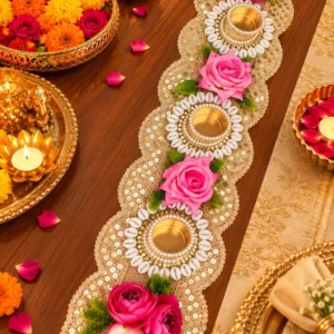 Handcrafted floral design table runner with built-in tea light candle holders for home and dining room decor