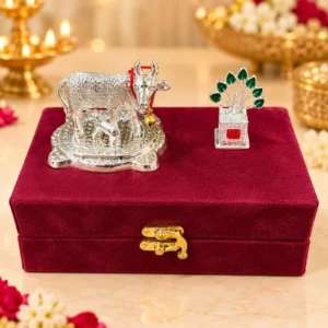 German Silver Kamdhenu Cow and Tulsi in Velvet Box