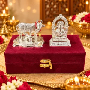 German Silver Ganesha and Kamdhenu Cow Idol Set for velvet box for festive return gifts