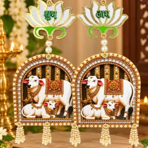 Designer Shubh Labh Cow and Calf Wall Hanging Pair with Pearl Tassels